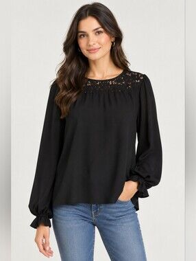 MELANIE Lyne Black Lace Yoke Chiffon Blouse Victorian-inspired Sz 14 Romantic